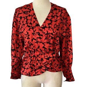 Vintage Jaeger Wrap Front V-Neckline Blouse Women’s 34”/86cm Red Black Floral